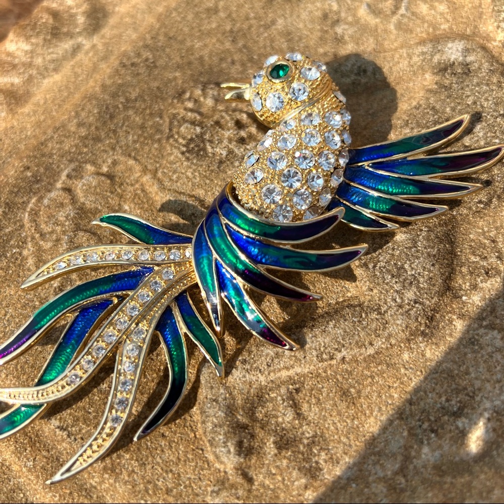 & Colorful blue and green enamel parrot bird brooch w/ rhinestones